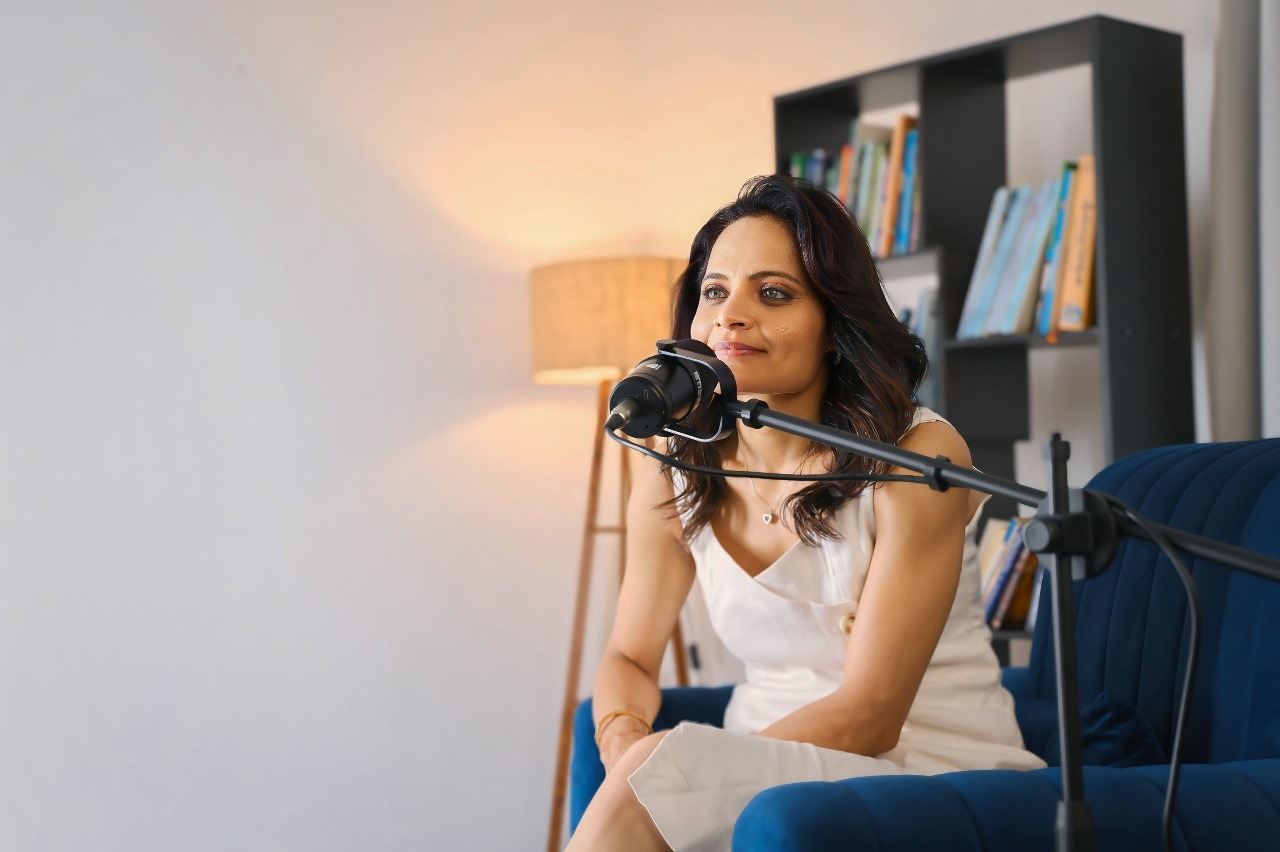 Vemuri recording a podcast episode