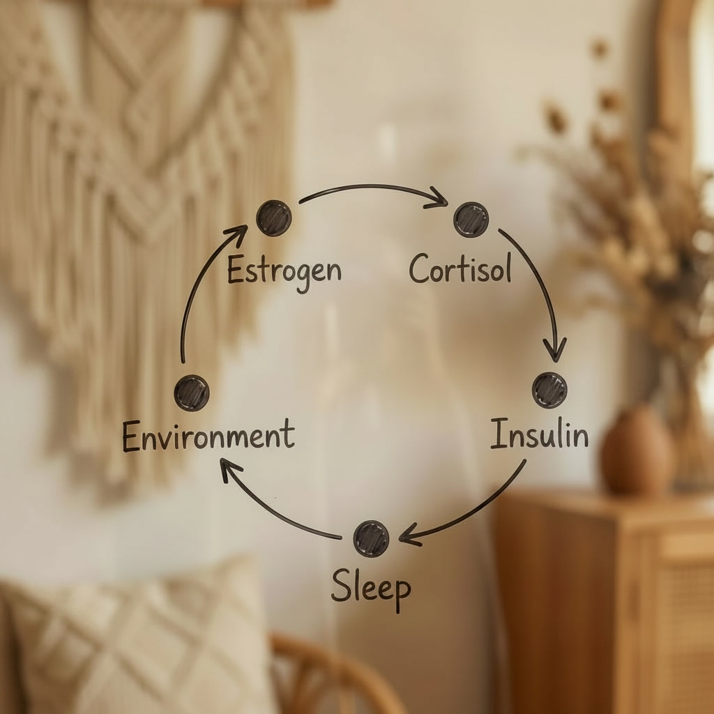 Estrogen, Cortisol, Insulin, Sleep, Environment cycle diagram