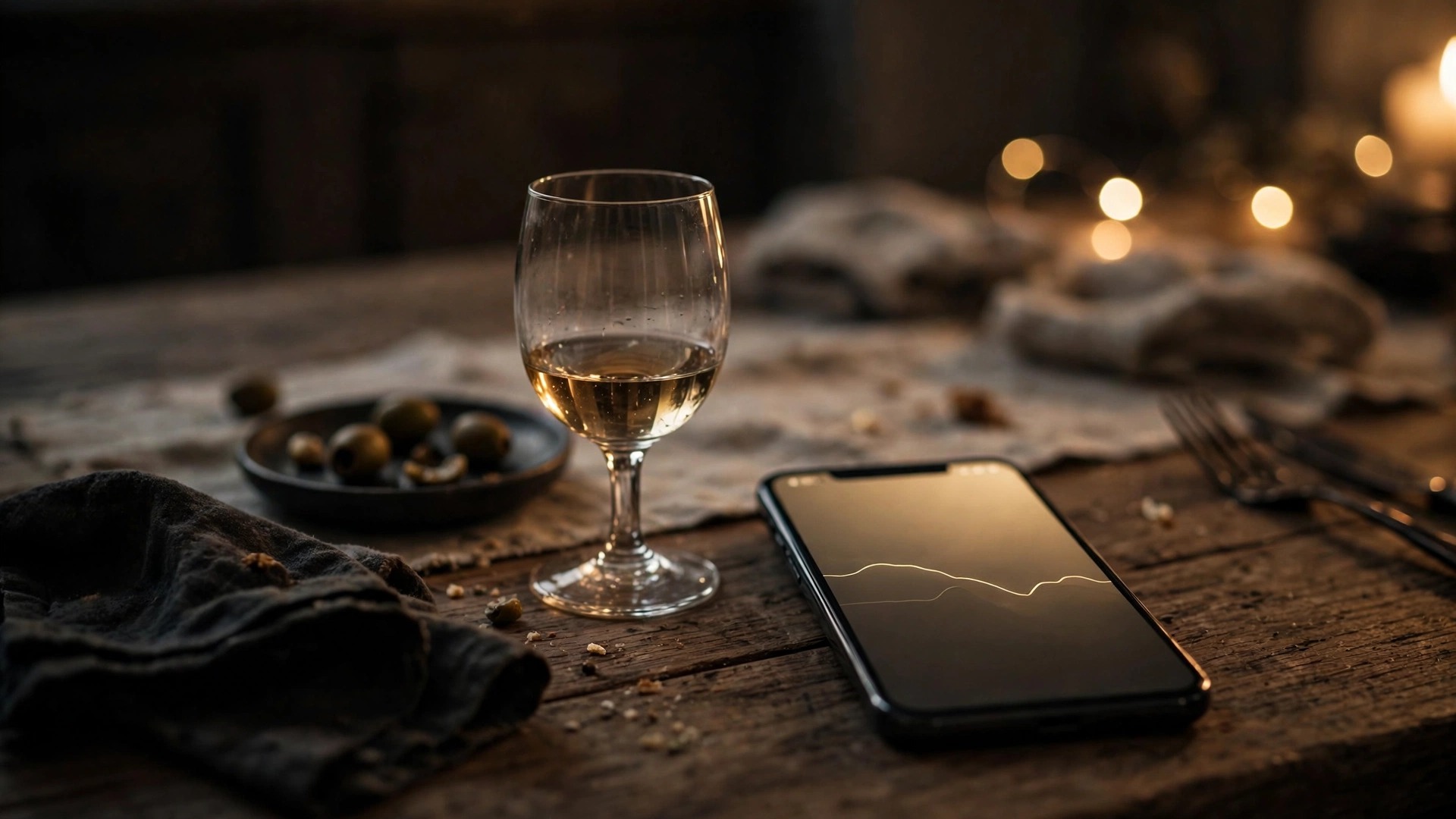 A wine glass with a small pour and a smartphone showing a flat overnight line trace on a dark wooden dining table in warm evening light.