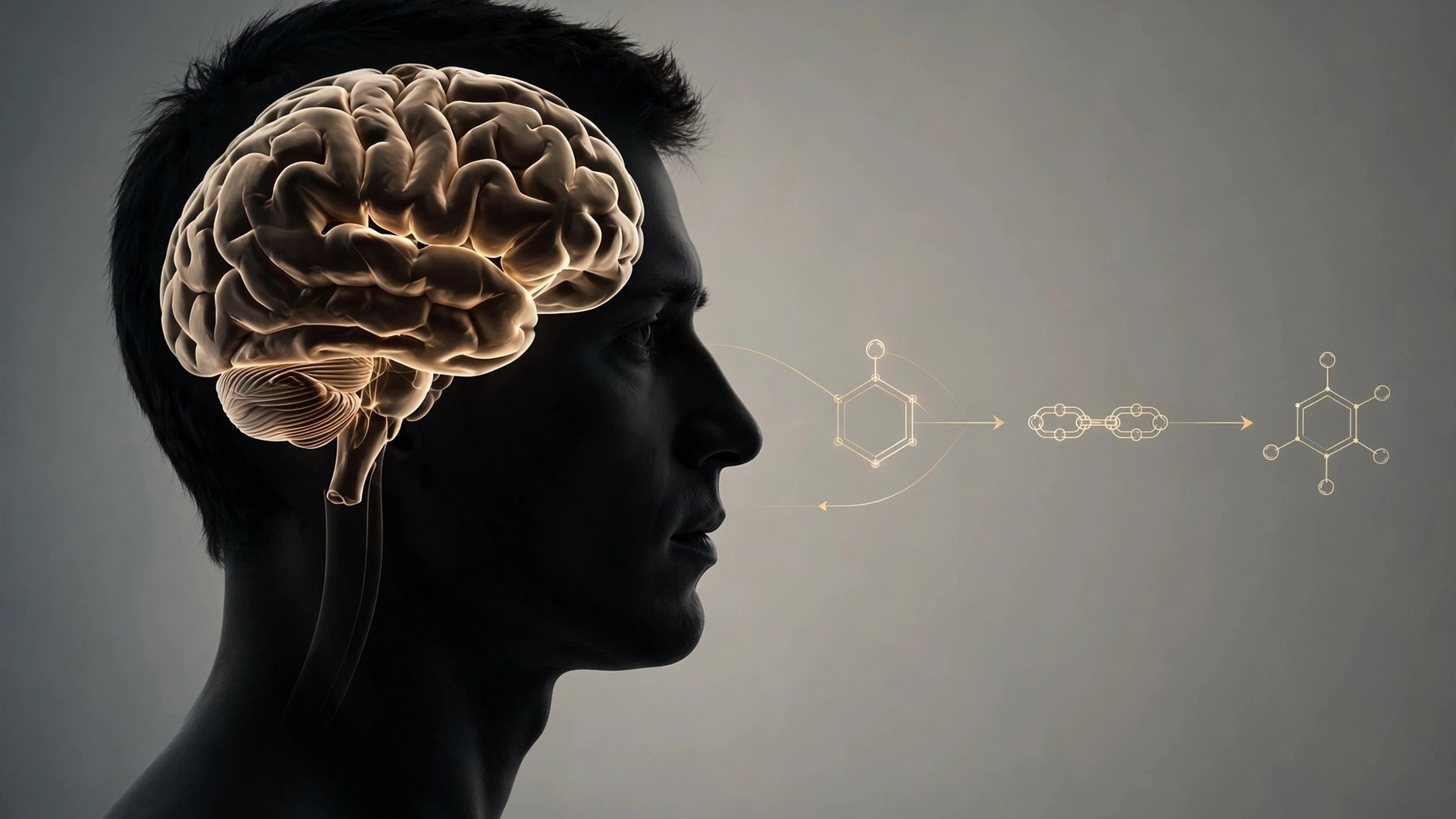 Side-profile silhouette of a human head with the brain visible in warm gold, beside a subtle line-art molecular pathway motif on a neutral studio background.