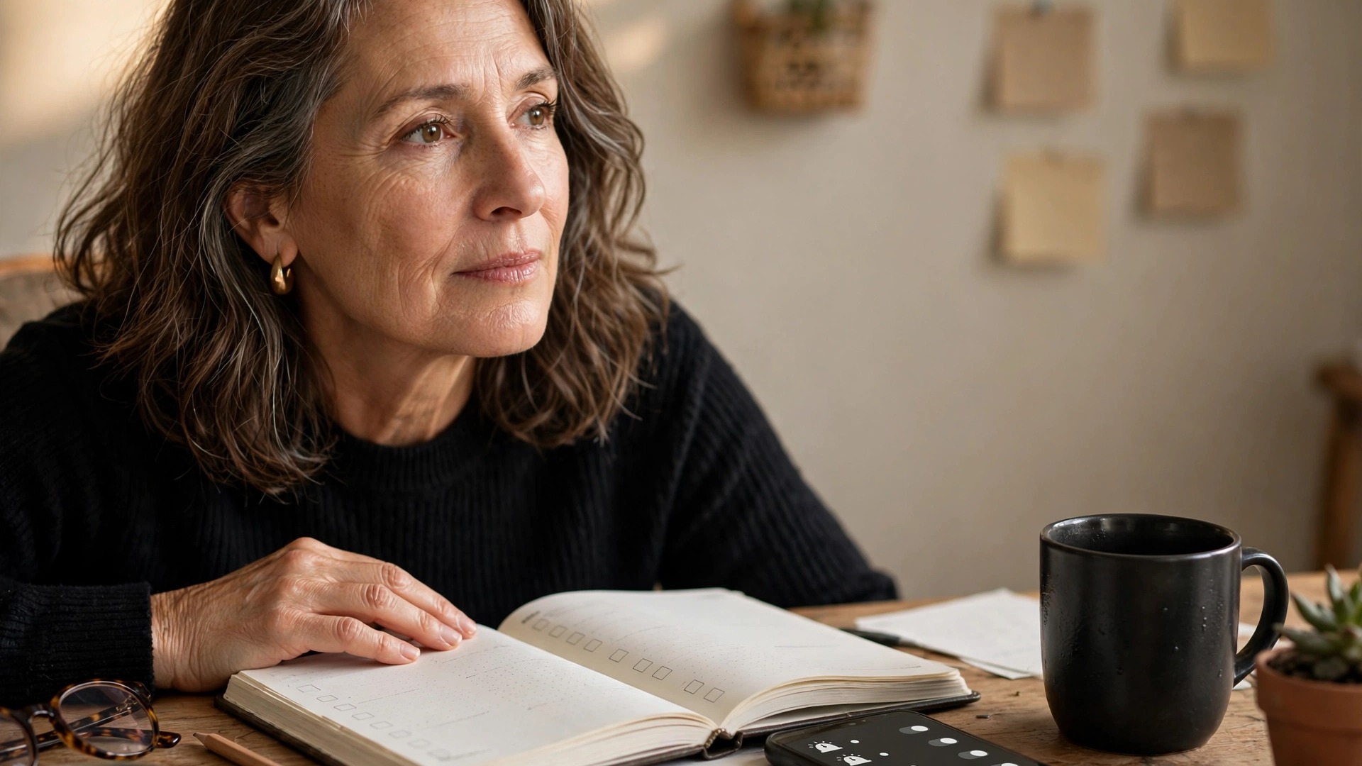 A composed woman in her late forties pauses at a home office desk, her hand resting on an open planner beside a phone, mug, and glasses.